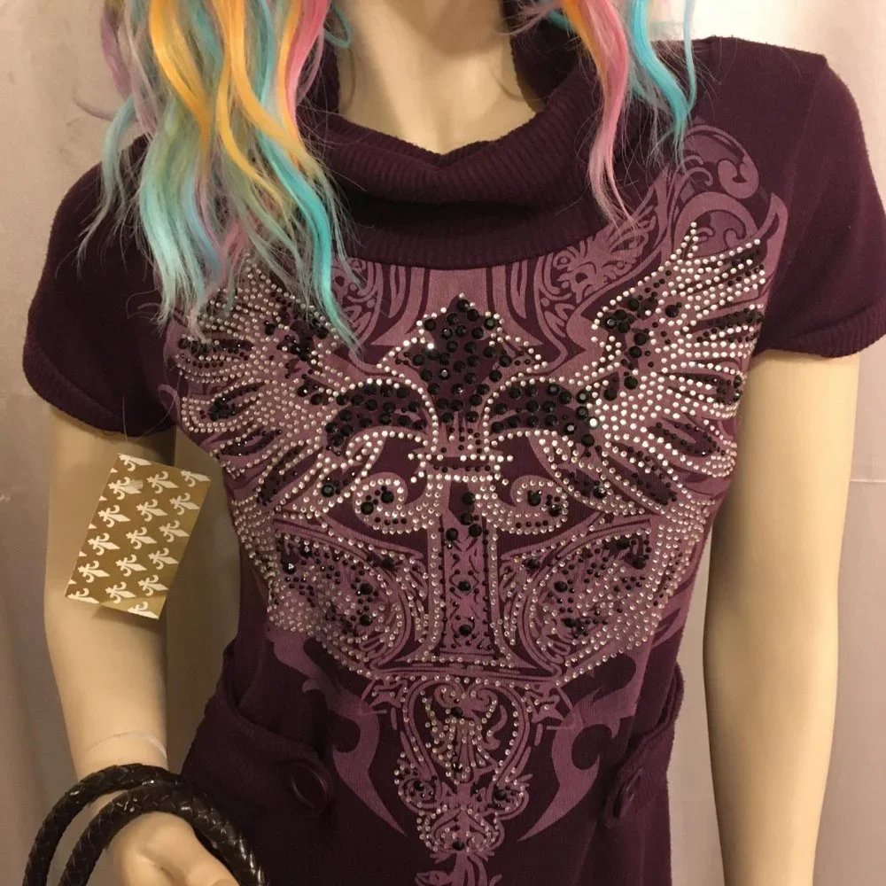 RARE FIND y2k deep purple dereon sweater dress with crystal details! - Picture 11 of 16